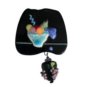 Vtg Artisan Fused Glass Fruit on Table Lampwork Dangle Pin Brooch
